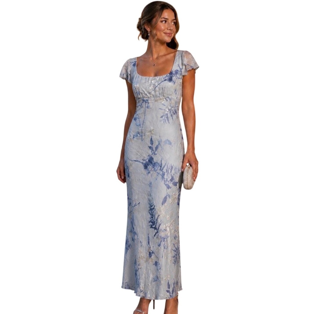 Vtg ABS Evening Blue Silk Blend Floral Empire Waist Maxi Dress Prom Party 10